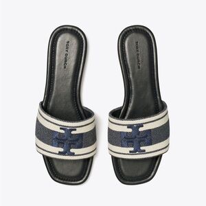 New Tory Burch Double T Jacquard Slide Stripe Blue Chiaro